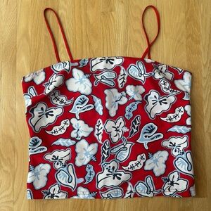 Floral Red and Blue 90s Spaghetti Strap Tank Top with a Tie in the Back.